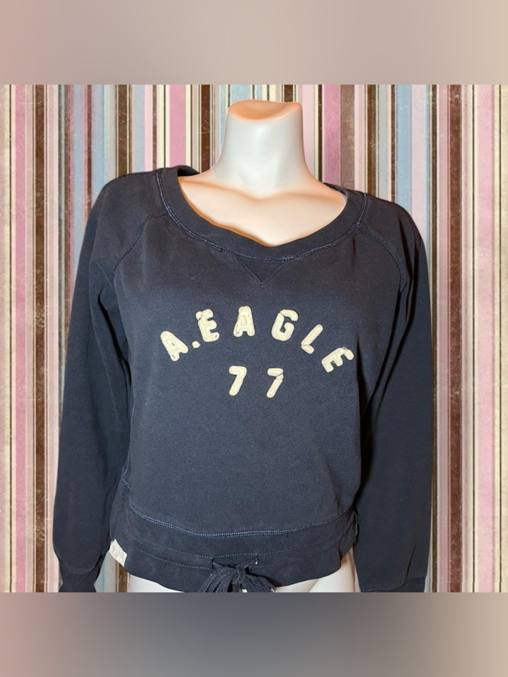 American Eagle Outfitters navy blue Pullover Sweatshirt with Cream Logo